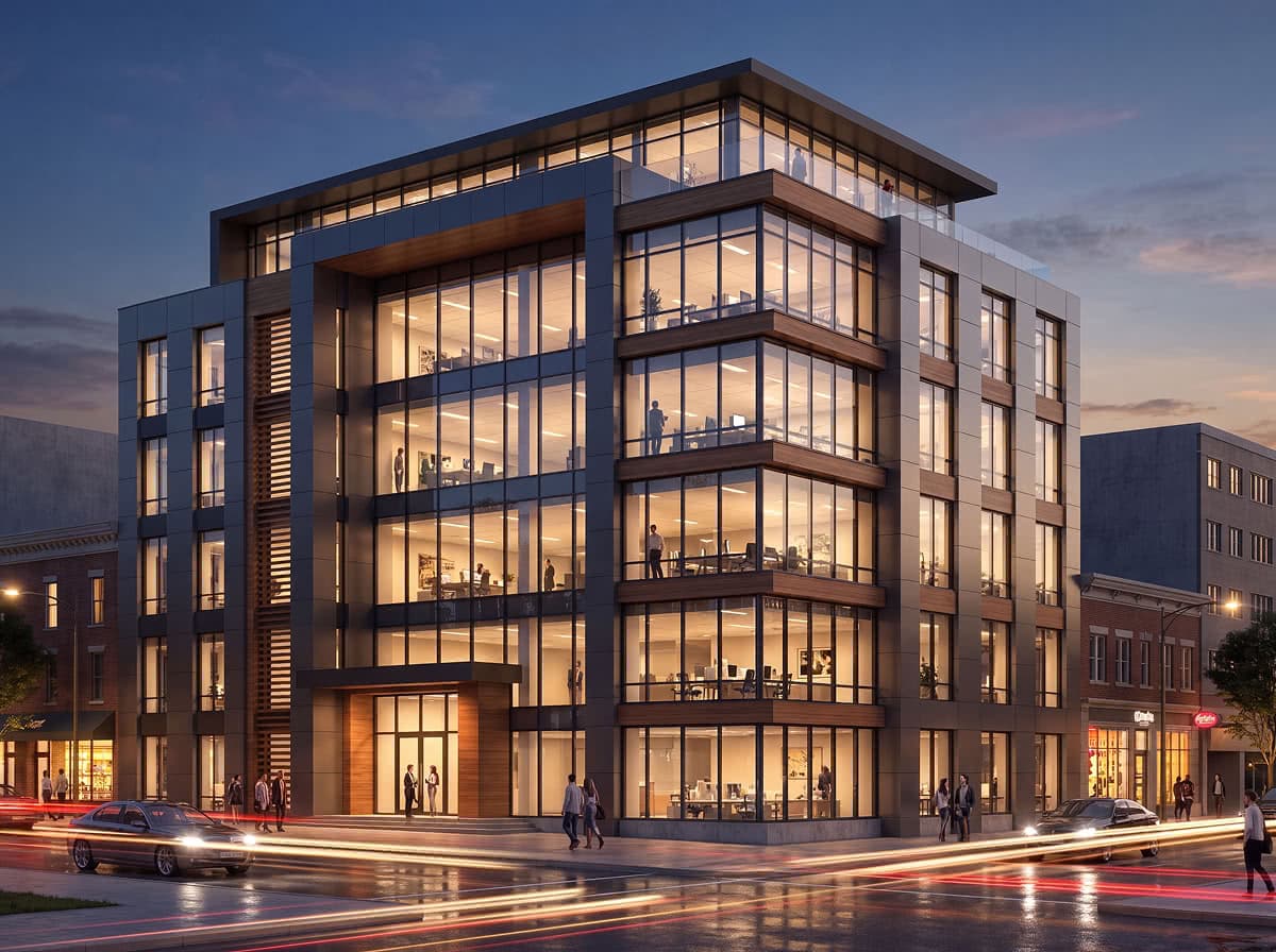 Architectural rendering with a warm evening atmosphere