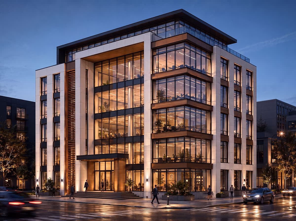 Architectural rendering with a cool blue-hour atmosphere